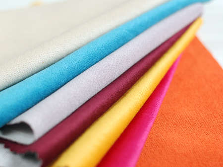 Bright collection of colorful velour textile samples. Fabric texture backgroundの写真素材