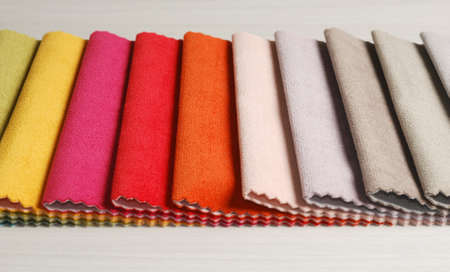 Bright collection of colorful velour textile samples. Fabric texture backgroundの写真素材