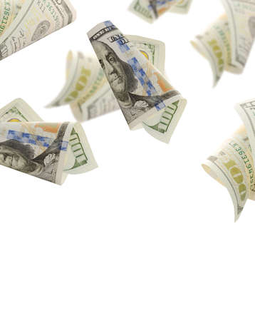 Flying bonds Of One Hundred Dollar Bills. Abstract money backgroundの写真素材