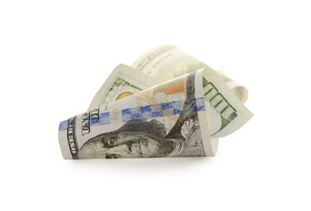 One Hundred Dollar Bills isolated on white backgroundの写真素材