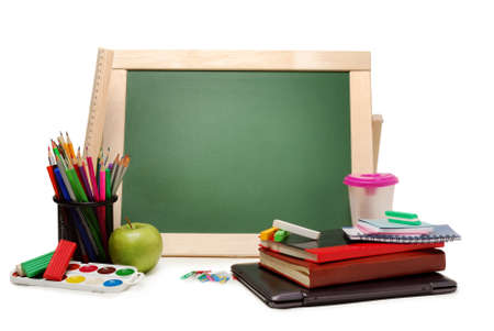 Group of school and office supplies with chalkboard watercolor paints, stack of colored pencils and markers,isolated on whiteの写真素材