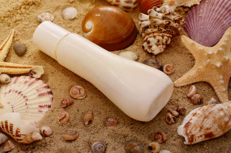 Different seashells and Sun lotion  on the beach  sand. Summer background.の写真素材