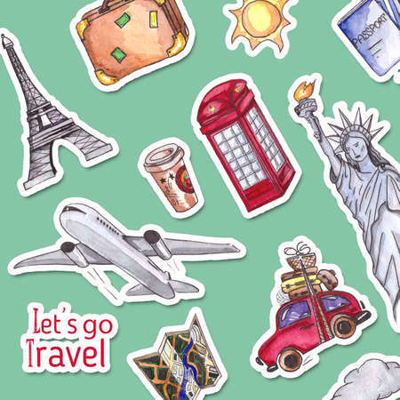 Travel and tourism poster template. London red telephone box, Statue of Liberty and the Eiffel Tower.の写真素材