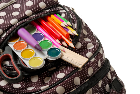 backpack with school supplies in front of white background. close-up photo