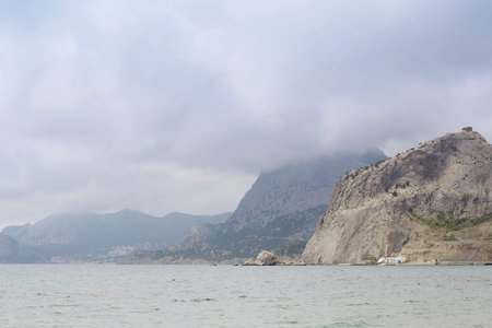Crimea, Sudak. View from seacoast to Novy Svet Village. Beautiful view on mountains.