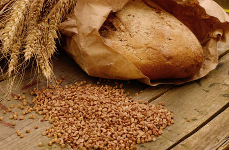 buckwheat bread on a wooden table. Vintage Country Still Lifeの写真素材
