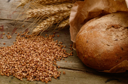 buckwheat bread on a wooden table. Vintage Country Still Life
