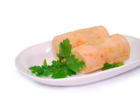 rolled lard bacon pork with hot pepper and spices isolated on a white background. Traditional ukrainian snack to vodka.の写真素材