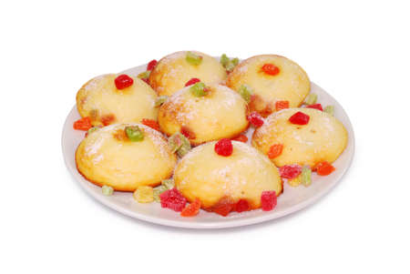 shortbread cookies with candied fruit isolated against white backgroundの写真素材