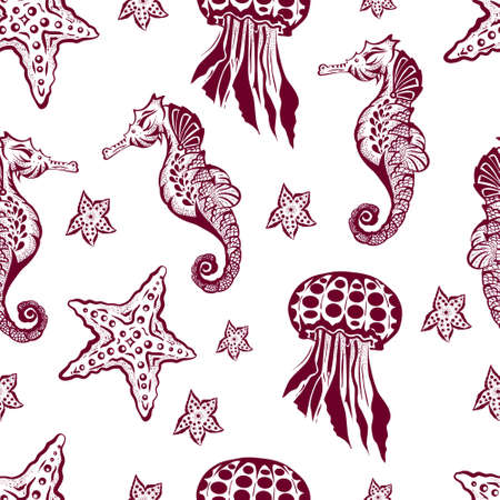 Seamless Marine theme black background. Endless pattern with seahorse, jellyfish and starfish in retro styleのイラスト素材