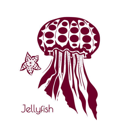 Hand drawn, tattoo stylised jellyfish. Marine life sketch design element for summer vacation illustrationのイラスト素材