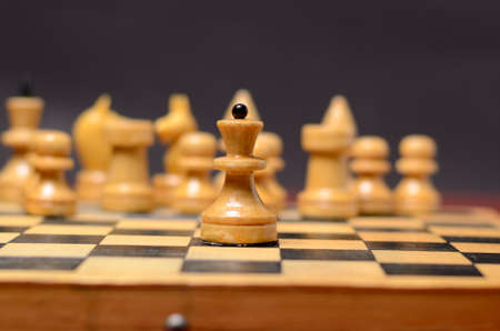 Playing wooden chess. White Queen against the rest of the figures on the boardの写真素材