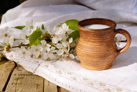Ceramic jug with fresh new milk on a authentic linen tablecloth and blooming cherry branch. Summer morning still lifeの写真素材
