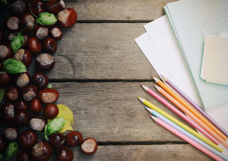 Vintage photo of school supplies. Educational theme autumn leaves, chestnuts on a rustic wooden background.の写真素材