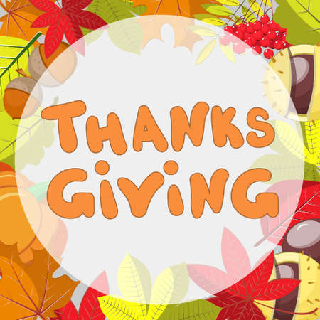 Hand Drawn Happy Thanksgiving Card Template With Autumn leaves and Pumpkin.のイラスト素材