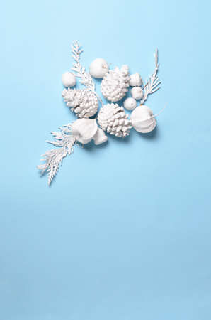 Hipster conceptual minimalist christmas and new year background. Pine cones and branches, physalis flowers. White objects on a blue background with space for greeting textの写真素材