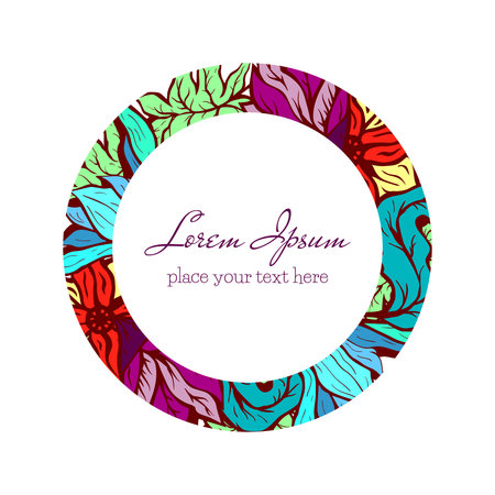 Invitation and greeting card template with bright floral background of hand drawn doodle flowersのイラスト素材