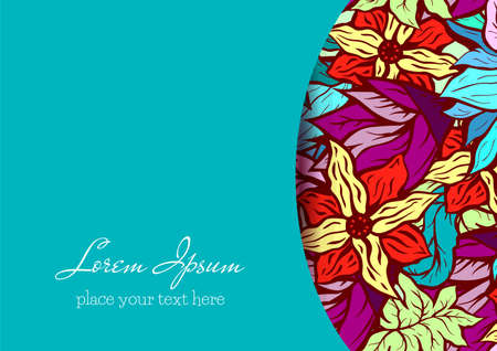 Invitation and greeting card template with bright floral background of hand drawn doodle flowersのイラスト素材