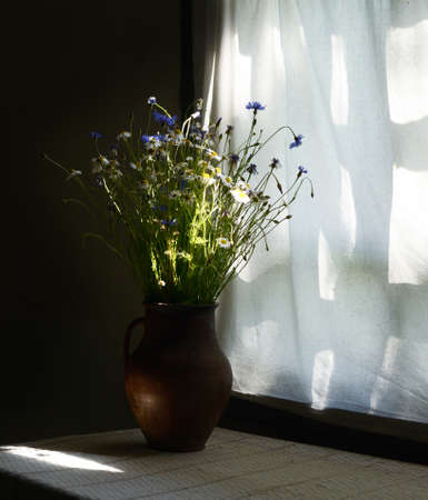 Rustic still life with wild flowers in brown ceramic jug near vintage windowの写真素材
