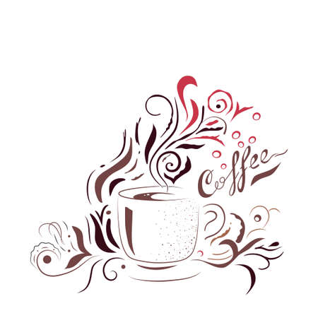 Hand Drawn Coffee Cup with Floral Design. Sketch style template for menu, wall art or advertisingのイラスト素材