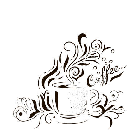 Hand Drawn Coffee Cup with Floral Design. Sketch style template for menu, wall art or advertisingのイラスト素材
