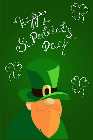 Happy St. Patricks Day lettering with Red Beared Leprechaun Character and clover shamrock. Traditional Irish hollyday template design.のイラスト素材