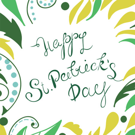 Happy St. Patricks Day lettering with clover shamrock. Traditional Irish hollyday template design.のイラスト素材