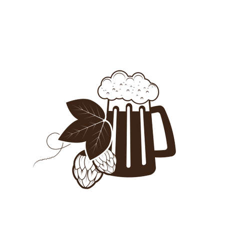 Beer mug with hope cone, windmill in a field and ears of wheat. llustration in flat style. Template for logo, badge or pub brand identity.のイラスト素材