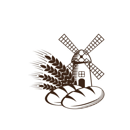 Logo design with two loaf breads windmill in a field and ears of wheatのイラスト素材