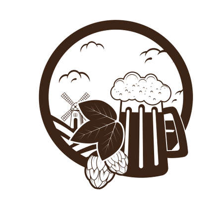 Beer mug with hope cone, windmill in a field and ears of wheat. Vector illustration in flat style. Template for logo, badge or pub brand identity.のイラスト素材