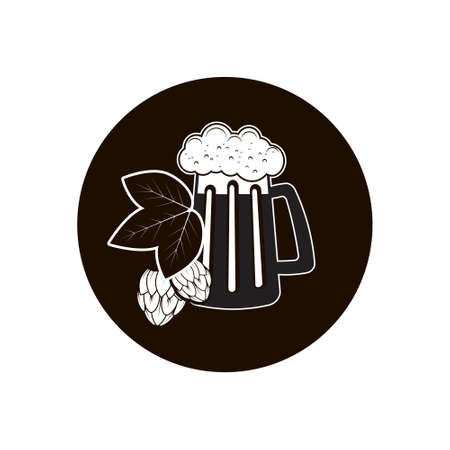 Beer mug with hope cone, windmill in a field and ears of wheat. Vector illustration in flat style. Template for logo, badge or pub brand identity.のイラスト素材