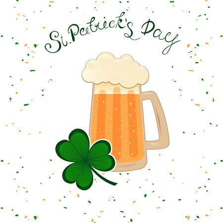 Happy St. Patricks Day lettering with green clover shamrock beer mug. Irish hollyday template design.のイラスト素材