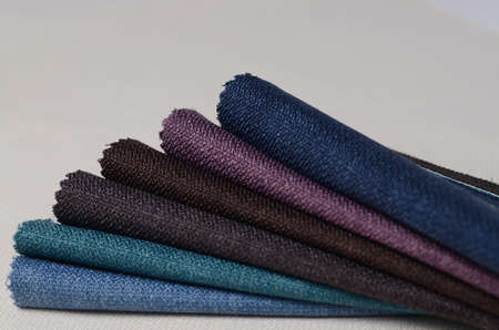 Bright collection of gunny textile samples. Fabric texture background.の写真素材