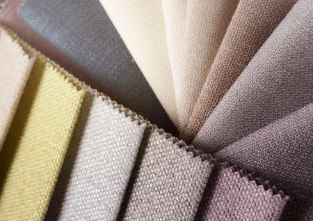 Bright collection of gunny textile samples. Fabric texture background.の写真素材