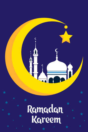 Crescent moon with white mosque for muslim community festival Eid Al Fitr Mubarak.のイラスト素材