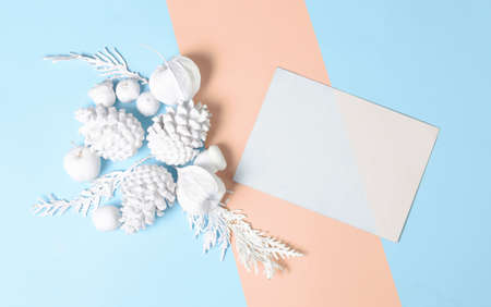 White colored Pine cones, branches, physalis flowers and with empty gift card. Flat lay minimal concept. White objects on a blue background.の写真素材