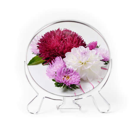 Creative background with chrysanthemum and dahlia flowers. Floral border flat lay conceptの写真素材