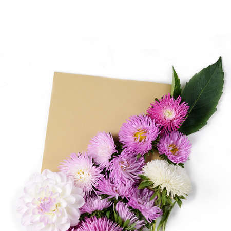 Creative background with chrysanthemum and dahlia flowers. Floral flat lay conceptの写真素材