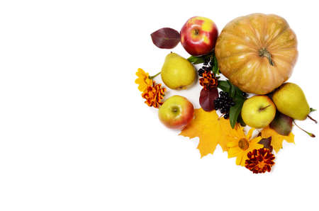 Autumn Composition of vegetables and fruits, Pumpkin, Apples, Pears on a white background. Flat lay top view photo.の写真素材