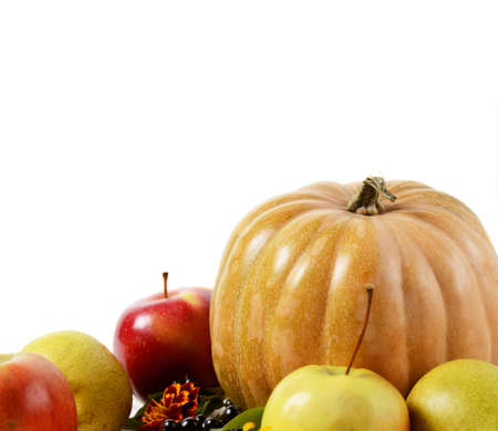 Autumn Composition of vegetables and fruits, Pumpkin, Apples, Pears on a white background. Autumn seasonal backgroundの写真素材