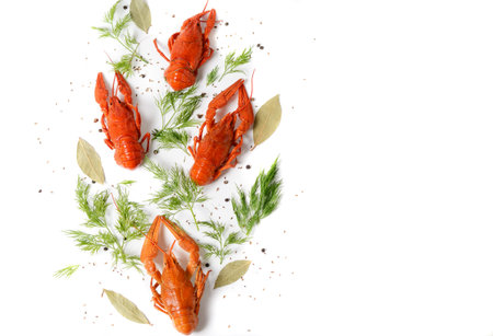Seafood dish, Red boiled crayfish against the white background, top view photo. Kind of Snacks for...