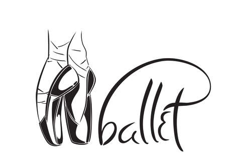 Hand drawn old style lettering of word Ballet. Vector illustration with ballet dancers legs wearing Pointes. Dance school template.のイラスト素材