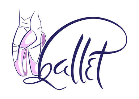 Hand drawn old style lettering of word Ballet. Vector illustration with ballet dancers legs wearing Pointes. Dance school template.のイラスト素材