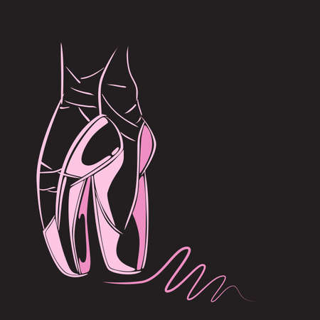 Hand drawn old style lettering of word Ballet. Vector illustration with ballet dancers legs wearing Pointes. Dance school template.のイラスト素材