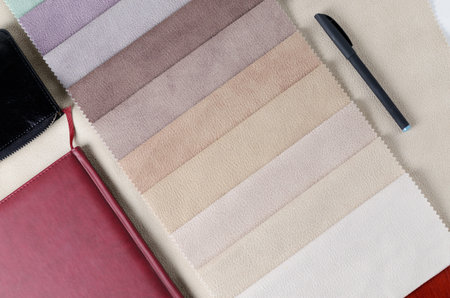 Bright collection of colorful textile samples with suede texture. Mockup with fabric samples,...