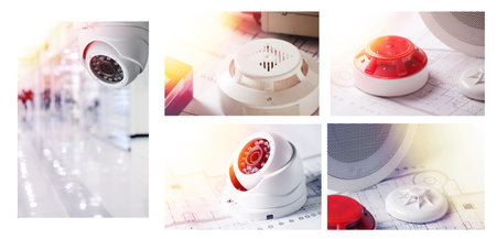 Fire Alarm system and video security equipment. Set of Photos Good for security service engineering companyの写真素材