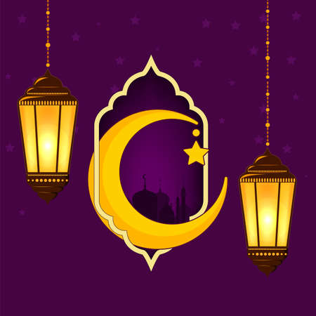 Greeting card for the Muslim holiday of Ramadan. Template with a silhouette of a mosque, lantern or fanoos and crescent moon in violet background.のイラスト素材