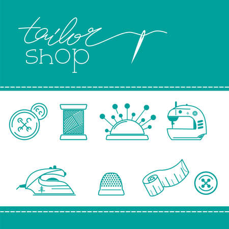 Tailor logo template. One line lettering illustration with collection sewing iconsのイラスト素材