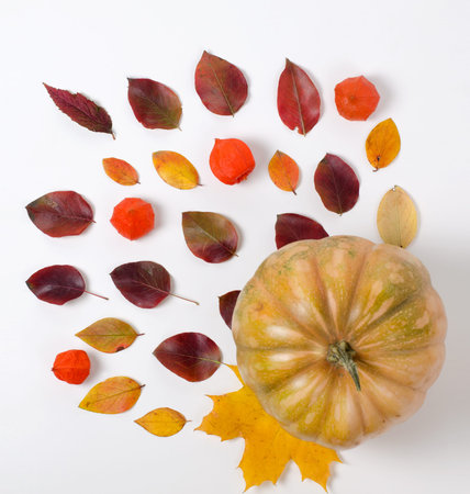 Autumn Composition of vibrant red and yellow leaves and orange pumpkin on a white background. Flat...