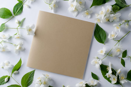 Background of tea roses and jasmine flowers. Flat lay Top view trendy background.